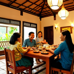 **Image Prompt:** A warmly lit Bruneian home interior. A family is gathered, smiling and welcoming a visitor with traditional Bruneian hospitality, offering dates and coffee.