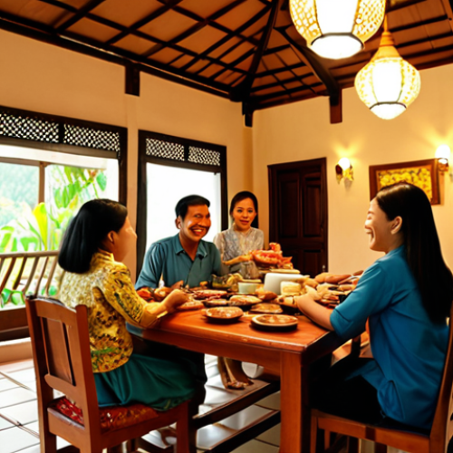 **Image Prompt:** A warmly lit Bruneian home interior. A family is gathered, smiling and welcoming a visitor with traditional Bruneian hospitality, offering dates and coffee.