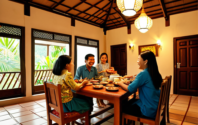 **Image Prompt:** A warmly lit Bruneian home interior. A family is gathered, smiling and welcoming a visitor with traditional Bruneian hospitality, offering dates and coffee.