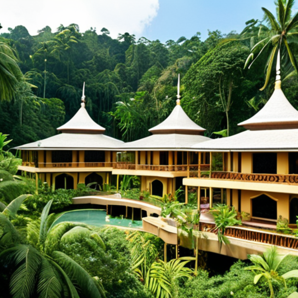 **Prompt:** Luxurious resort nestled in lush green rainforest of Brunei, showcasing eco-tourism and cultural integration, Arabic calligraphy art in the background.