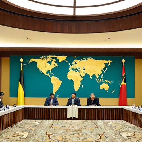 Home 24 Brunei's Visionary Global Diplomacy**
A sophisticated and serene depiction of Brunei Darussalam's strategic, forward-thinking diplomacy. The scene is set in a modern, elegant, and subtly luxurious international meeting space, possibly with a panoramic view of a stylized globe or abstract global network. Elements of traditional Bruneian architectural motifs are subtly integrated into the contemporary design. The image should convey a sense of calm strength, quiet influence, and deep wisdom. Focus on themes of global partnership, sustainable development, and long-term vision, using a color palette of deep blues, rich greens, and subtle gold accents to evoke trust, prosperity, and a harmonious future. The overall atmosphere should be dignified and aspirational, reflecting a nation whose diplomatic weight transcends its physical size.
2. **Prompt for