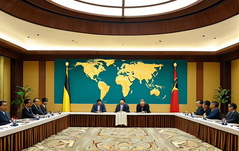 Brunei's Visionary Global Diplomacy**
A sophisticated and serene depiction of Brunei Darussalam's strategic, forward-thinking diplomacy. The scene is set in a modern, elegant, and subtly luxurious international meeting space, possibly with a panoramic view of a stylized globe or abstract global network. Elements of traditional Bruneian architectural motifs are subtly integrated into the contemporary design. The image should convey a sense of calm strength, quiet influence, and deep wisdom. Focus on themes of global partnership, sustainable development, and long-term vision, using a color palette of deep blues, rich greens, and subtle gold accents to evoke trust, prosperity, and a harmonious future. The overall atmosphere should be dignified and aspirational, reflecting a nation whose diplomatic weight transcends its physical size.
2. **Prompt for
