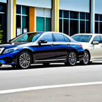A vibrant street scene in Bandar Seri Begawan, Brunei, showcasing a diverse array of imported vehicles. Sleek European luxury sedans like a polished Mercedes-Benz S-Class and a dynamic BMW 7 Series cruise alongside robust Japanese SUVs such as a Toyota Land Cruiser and a Lexus GX, while reliable Honda Civics and Toyota Camrys are parked. The modern city architecture provides a clean, well-maintained backdrop. People on the sidewalks are fully clothed in appropriate, professional dress, reflecting the local culture. The atmosphere is one of sophistication and a passion for automotive excellence. Professional photography, high detail, realistic, vibrant colors, natural lighting, safe for work, appropriate content, fully clothed, professional, family-friendly, perfect anatomy, correct proportions, natural pose, well-formed hands, proper finger count, natural body proportions.