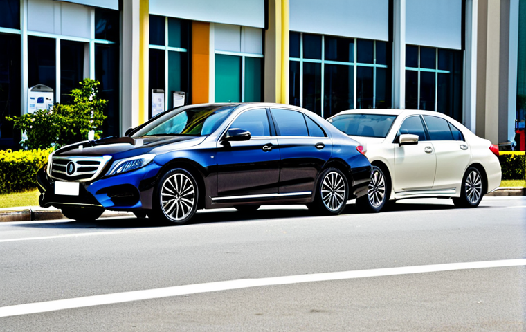 A vibrant street scene in Bandar Seri Begawan, Brunei, showcasing a diverse array of imported vehicles. Sleek European luxury sedans like a polished Mercedes-Benz S-Class and a dynamic BMW 7 Series cruise alongside robust Japanese SUVs such as a Toyota Land Cruiser and a Lexus GX, while reliable Honda Civics and Toyota Camrys are parked. The modern city architecture provides a clean, well-maintained backdrop. People on the sidewalks are fully clothed in appropriate, professional dress, reflecting the local culture. The atmosphere is one of sophistication and a passion for automotive excellence. Professional photography, high detail, realistic, vibrant colors, natural lighting, safe for work, appropriate content, fully clothed, professional, family-friendly, perfect anatomy, correct proportions, natural pose, well-formed hands, proper finger count, natural body proportions.