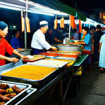 **

"A vibrant scene at Gadong Night Market in Bandar Seri Begawan, Brunei. Locals in traditional dress browse stalls overflowing with colorful foods and crafts. The air is filled with the aroma of grilled meats and sweet treats. Safe for work, appropriate content, fully clothed, modest, family-friendly, high-resolution, realistic."

**