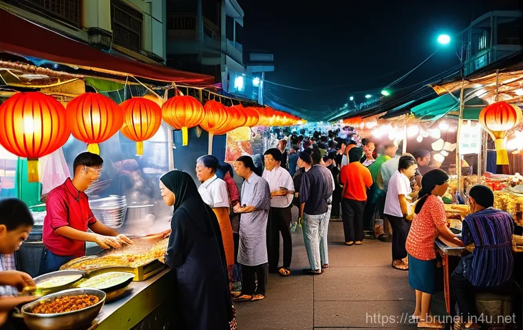 브루나이의 주말 마켓 - **Vibrant Gadong Night Market Scene:** A bustling and colorful night market in Bandar Seri Begawan, ...