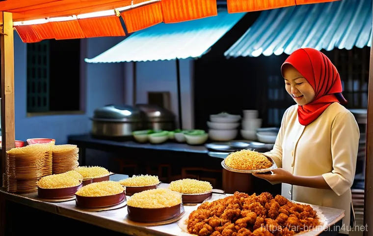 브루나이와 태국 음식 비교 - **Prompt 1: Brunei's Comforting Nasi Katok and Kuih Lapis**
    "A cozy, authentic close-up of a tra...