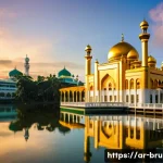 브루나이와 인도네시아 차이점 - **Prompt:** A majestic golden mosque with intricate Islamic architectural details, reflecting in sti...