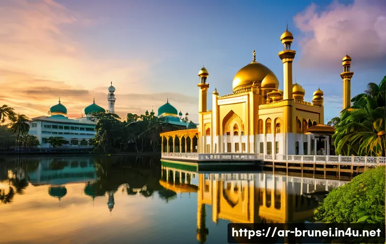 브루나이와 인도네시아 차이점 - **Prompt:** A majestic golden mosque with intricate Islamic architectural details, reflecting in sti...