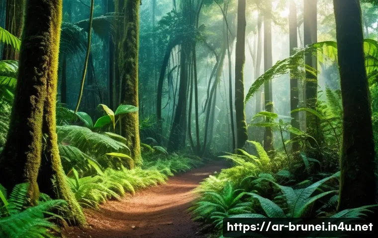 브루나이 대자연 탐험 가이드 - A dense tropical rainforest scene in Brunei featuring towering ebony trees with dark, glossy bark an...