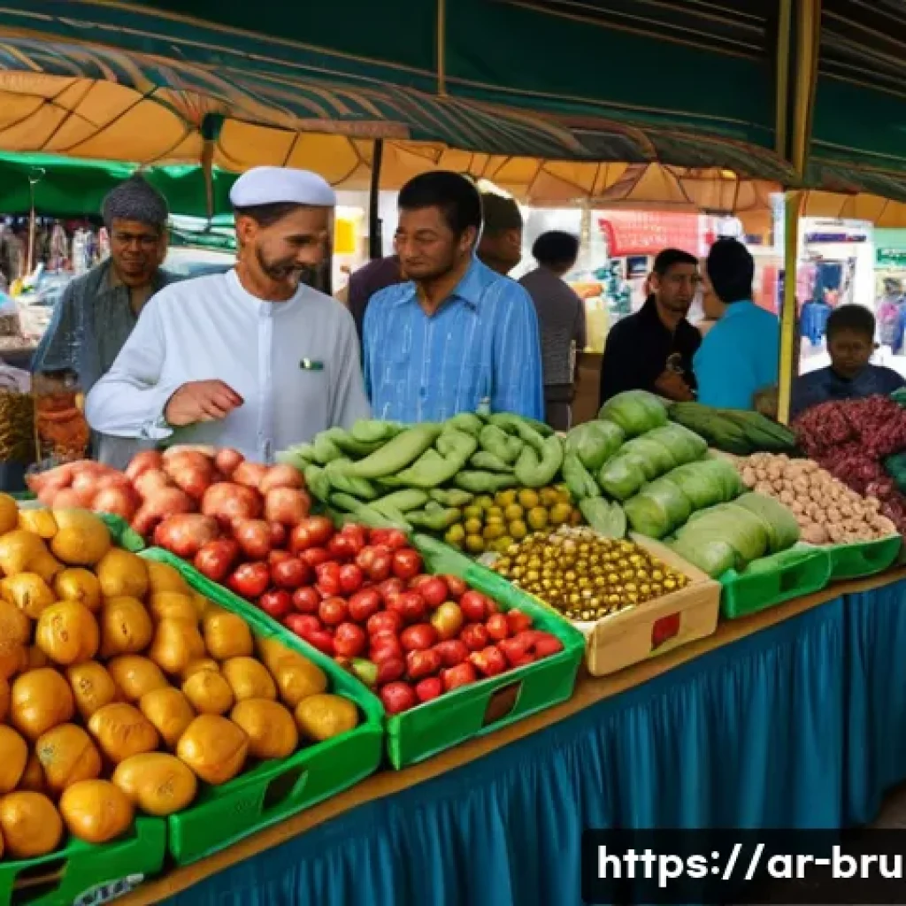 브루나이 화폐와 환전 정보 - A detailed street market scene in Brunei featuring a diverse crowd of Arabic-speaking shoppers and l...