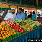 브루나이 화폐와 환전 정보 - A detailed street market scene in Brunei featuring a diverse crowd of Arabic-speaking shoppers and l...