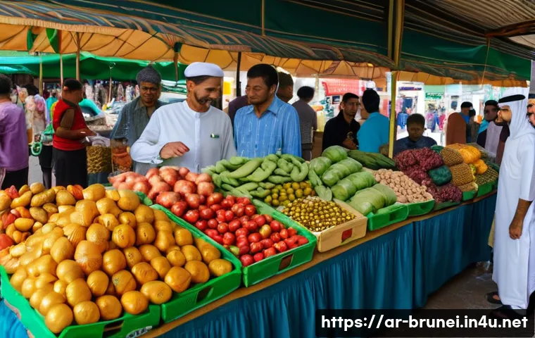 브루나이 화폐와 환전 정보 - A detailed street market scene in Brunei featuring a diverse crowd of Arabic-speaking shoppers and l...