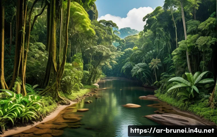 브루나이에서 촬영한 영화 - A lush tropical rainforest scene in Brunei featuring dense, vibrant green foliage and towering trees...