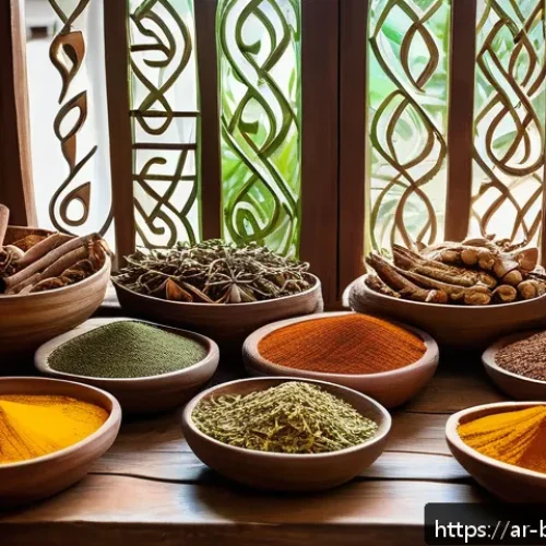 브루나이 요리 교실 - A vibrant Bruneian kitchen scene showcasing traditional spices such as cinnamon sticks, turmeric roo...