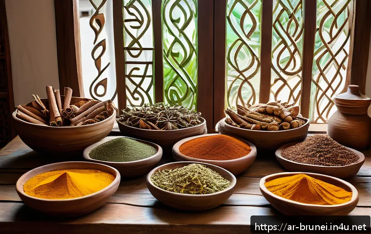 브루나이 요리 교실 - A vibrant Bruneian kitchen scene showcasing traditional spices such as cinnamon sticks, turmeric roo...