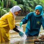 브루나이의 하천 보전 - A vibrant community river cleanup event in Brunei featuring diverse local people of all ages wearing...