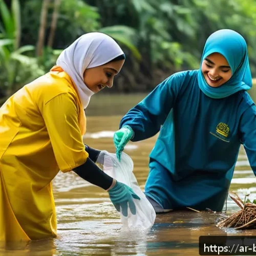브루나이의 하천 보전 - A vibrant community river cleanup event in Brunei featuring diverse local people of all ages wearing...