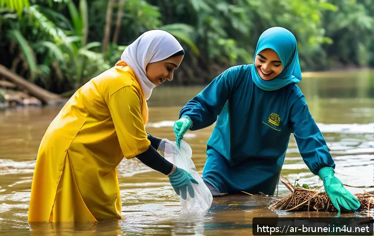 브루나이의 하천 보전 - A vibrant community river cleanup event in Brunei featuring diverse local people of all ages wearing...