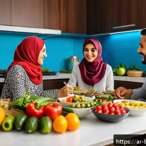 브루나이에서 흔한 질병 - A detailed scene showing a Middle Eastern family enjoying a healthy meal together in a modern Brunei...