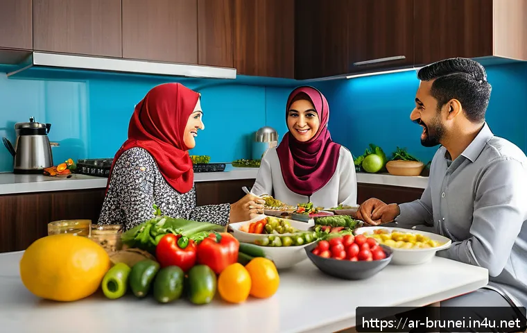 브루나이에서 흔한 질병 - A detailed scene showing a Middle Eastern family enjoying a healthy meal together in a modern Brunei...