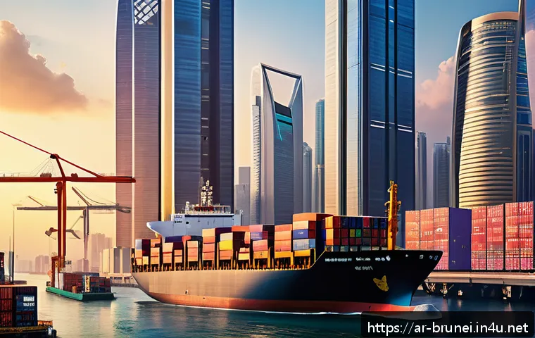 브루나이 국제 무역 협정 - A vibrant and detailed digital illustration of a bustling Asian regional trade hub, showcasing diver...