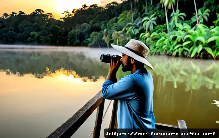 브루나이의 조류 관찰 명소 - Photorealistic sunrise birdwatching at Tasek Merimbun, Brunei, a modestly dressed Arab traveler wear...