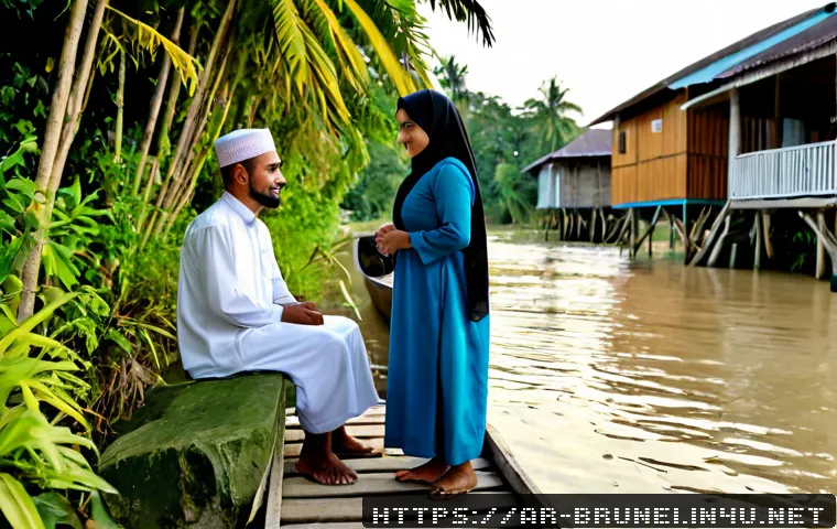브루나이 지역별 방언 차이 - Photorealistic documentary-style scene in a Brunei riverside village, two Malay-speaking adults from...