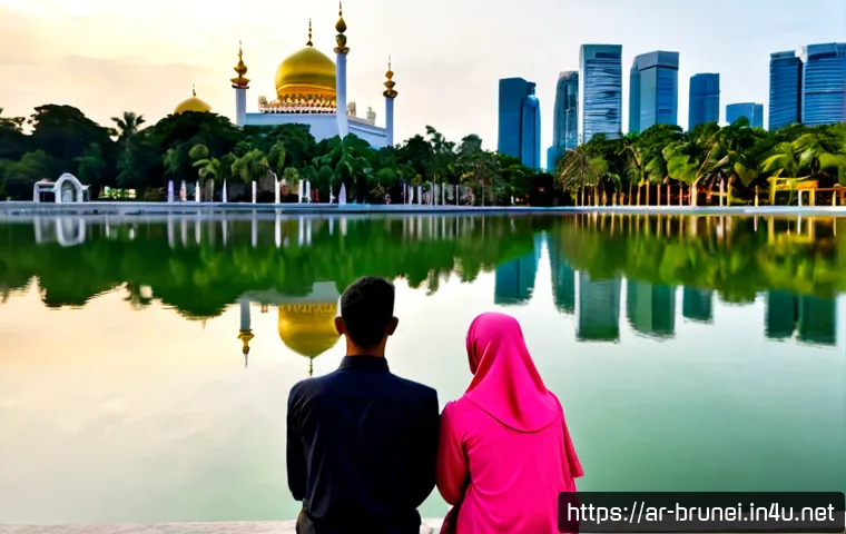 브루나이와 말레이시아 비교 - Photorealistic split-screen travel comparison, left side Brunei with a grand golden-domed mosque bes...